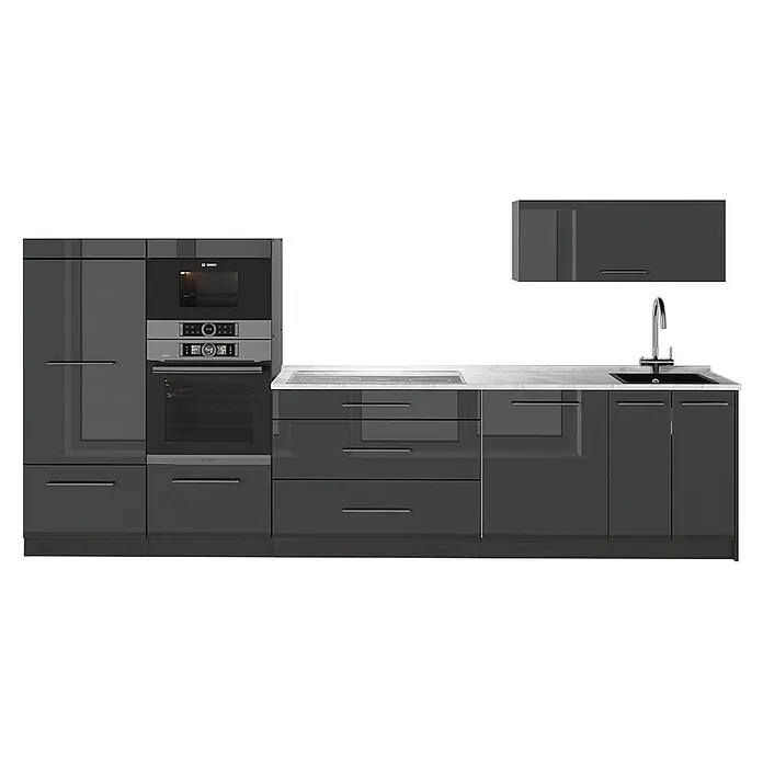 Vicco Küchenzeile - Breite: 340 cm, Anthrazit Hochglanz, Ohne Elektrogeräte - Moderne dunkelgraue Hochglanzküche mit integriertem Backofen, Mikrowelle, Kochfeld und Spüle.