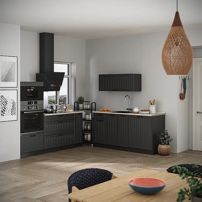 Vicco Küchenzeile - Breite: 340 cm, Dunkelgrau, Ohne Elektrogeräte - Moderne dunkelgraue Küche mit gerillten Fronten, integrierten Geräten und hellen Arbeitsplatten in einem zeitgemäßen Zuhause.