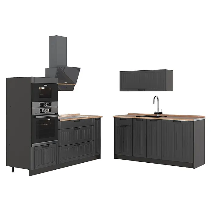 Vicco Küchenzeile - Breite: 340 cm, Dunkelgrau, Ohne Elektrogeräte - Dunkelgraue Küchenschrank-Garnitur mit hellen Holz-Arbeitsplatten, integrierten Öfen, Herd, Dunstabzugshaube und Spüle.