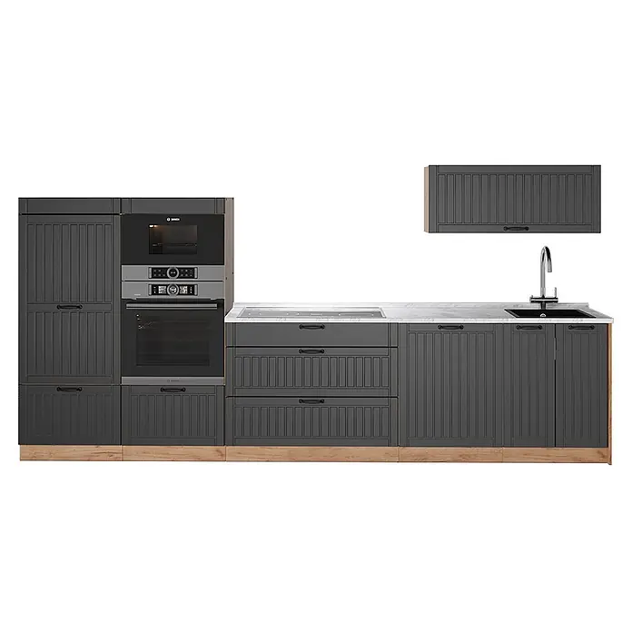 Vicco Küchenzeile - Breite: 340 cm, Dunkelgrau, Ohne Elektrogeräte - Dunkelgraue Modulküche mit Kassettentüren, heller Marmorarbeitsplatte, integrierten Bosch-Geräten und Holzsockel.