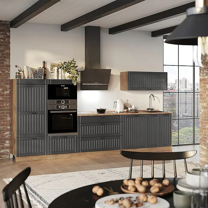 Vicco Küchenzeile - Breite: 340 cm, Dunkelgrau, Ohne Elektrogeräte - Moderne Küche mit dunkelgrauen Schrankfronten im Lamellendesign, Holztheken und integrierten Geräten.