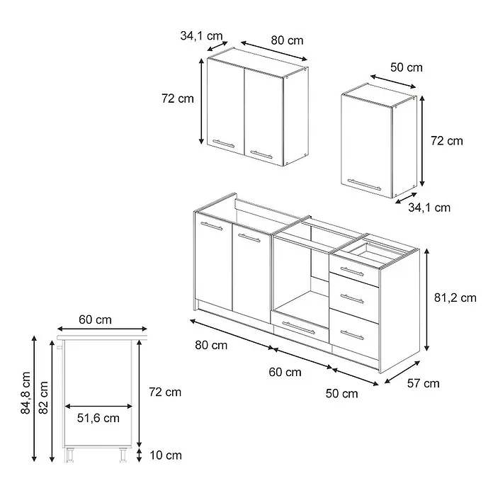 Vicco Singleküche - Breite: 190 cm, Weiß Landhaus, Mit AP Anthrazit - Küchenschrank-Diagramm mit Ober- und Unterschränken sowie detaillierten Abmessungen in Zentimetern.