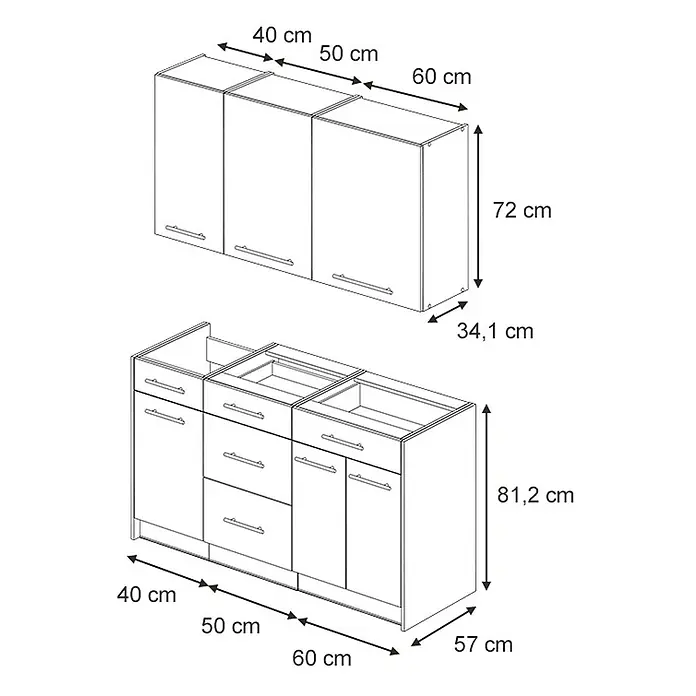 Vicco Singleküche - Breite: 150 cm, Dunkelgrau, Ohne AP - Modulares Küchenschrank-Set mit Hänge- und Unterschränken, zeigt verschiedene Konfigurationen und detaillierte Maße.