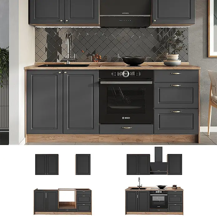 Vicco Singleküche - Breite: 190 cm, Anthrazit-Gold Landhaus, Ohne AP - Dunkelgraue Küchenzeile mit Holzoptik-Arbeitsplatte und Sockel, ausgestattet mit Ober-/Unterschränken, integriertem Backofen, Spüle und Kochfeld.