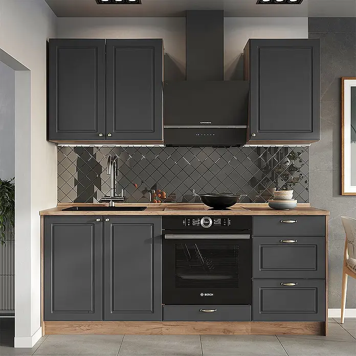 Spülenunterschrank Fame-Line 100 cm Anthrazit-Gold Landhaus Art.-Nr. 61955 -  - Dunkelgraue Küchenschränke mit Holzoptik-Arbeitsplatte und integriertem Backofen in moderner Küche.