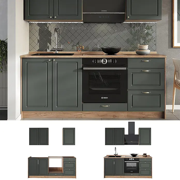 Vicco Singleküche - Breite: 190 cm, Grün-Gold Landhaus, Mit AP Anthrazit - Dunkelgraue Einbauküche mit Arbeitsplatte in Holzoptik, integriertem Backofen und Spüle.