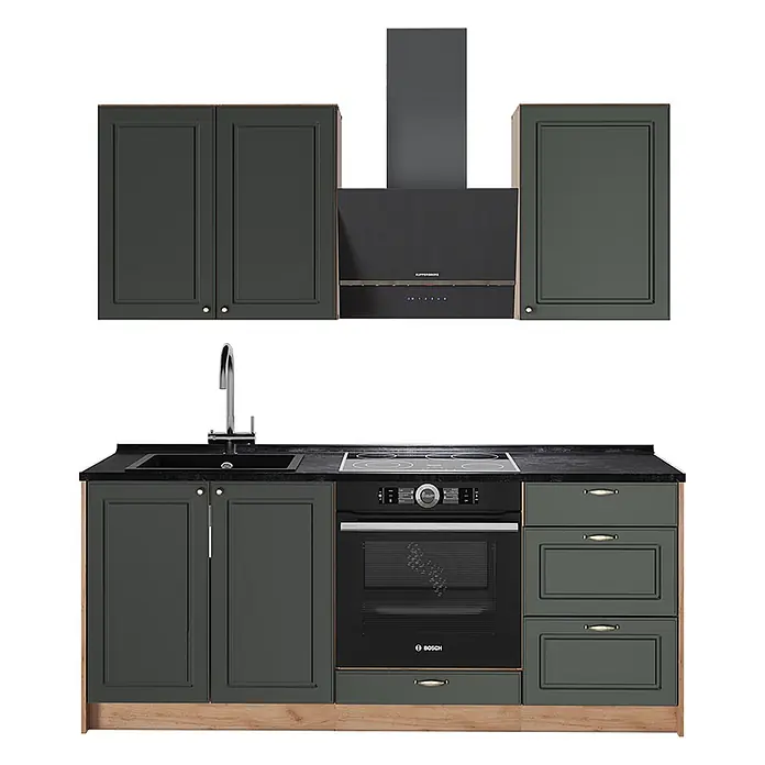 Vicco Singleküche - Breite: 190 cm, Grün-Gold Landhaus, Mit AP Anthrazit - Dunkelgrüne Einbauküche mit schwarzen Geräten, Spüle und Arbeitsplatte, akzentuiert durch Holzsockel und Stahlarmatur.