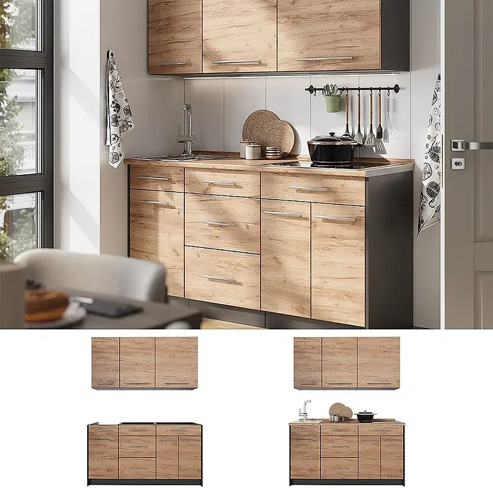 Vicco Singleküche - Breite: 150 cm, Goldkraft Eiche, Ohne AP - Küchenzeile in Holzoptik mit dunkelgrauen Akzenten, Spüle und Kochfeld, in moderner Küche. Oberschränke und Unterschränke.