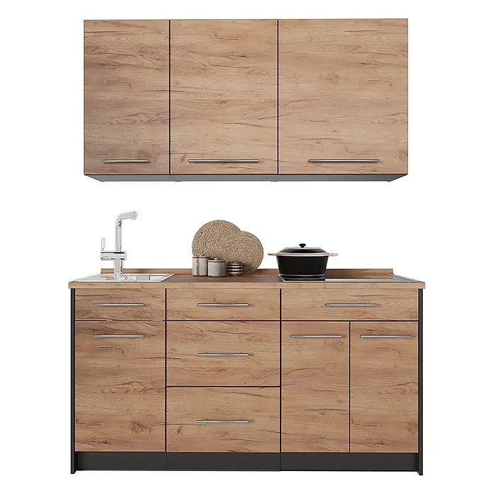 Vicco Singleküche - Breite: 150 cm, Goldkraft Eiche, Ohne AP - Helle Küchenzeile in Holzoptik mit silbernen Griffen, Spüle und Kochfeld, bestehend aus Ober- und Unterschränken.