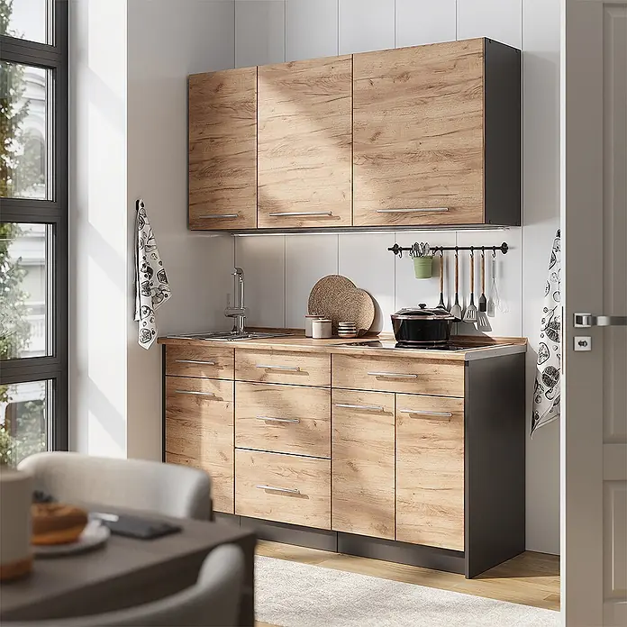 Vicco Singleküche - Breite: 150 cm, Goldkraft Eiche, Ohne AP - Küchenzeile in Holzoptik mit dunkelgrauen Seiten, bestehend aus Oberschränken, Schubladen und Arbeitsplatte mit Spüle und Herd.