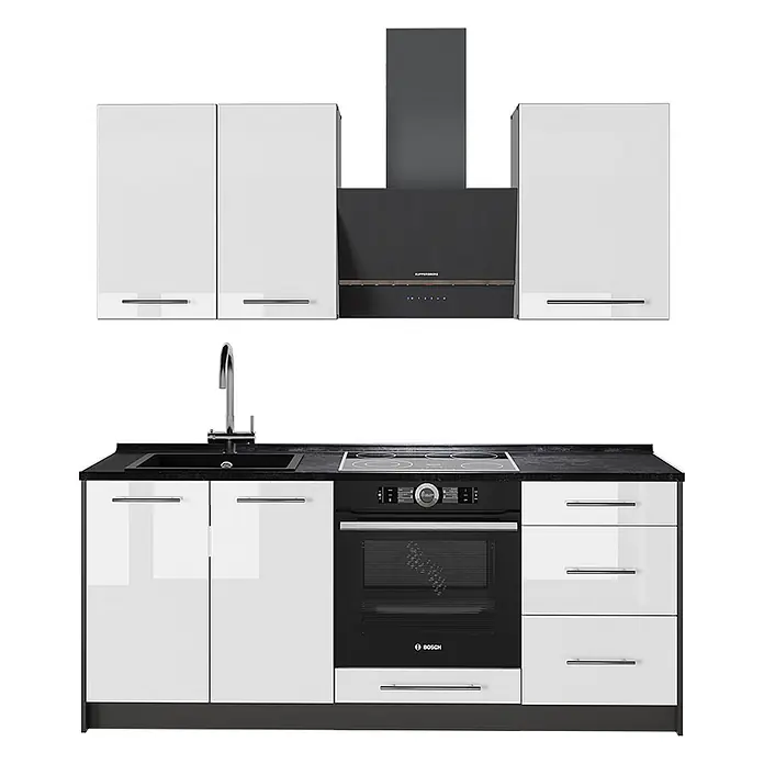 Vicco Singleküche - Breite: 190 cm, Weiß Hochglanz, Mit AP Anthrazit - Moderne, weiße Hochglanz-Küchenzeile mit schwarzer Arbeitsplatte, Spüle, Kochfeld, Backofen und Dunstabzugshaube.