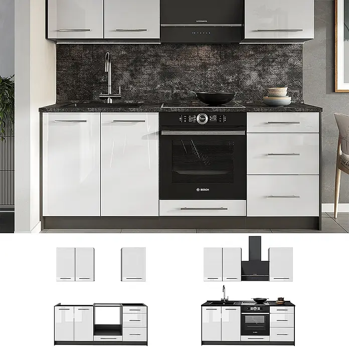 Vicco Singleküche - Breite: 190 cm, Weiß Hochglanz, Mit AP Anthrazit - Glänzende weiße und schwarze Küchenzeile mit dunkler Arbeitsplatte, Spüle, Kochfeld und Einbaubackofen.