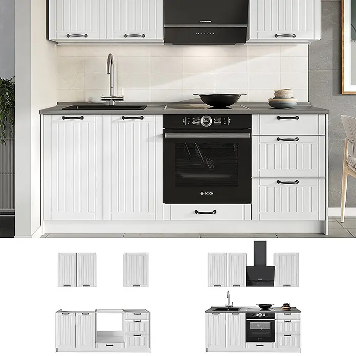 Vicco Singleküche - Weiß Landhaus, Mit AP Marmor - Weiße Küchenschränke mit schwarzen Griffen, Arbeitsplatte, Spüle und Einbaubackofen, in moderner Küche und als Einzelteile gezeigt.