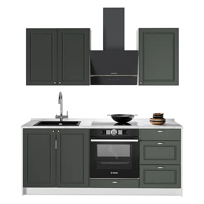 Vicco Singleküche - Breite: 190 cm, Grün-Gold Landhaus, Mit AP Eiche - Dunkelgraue modulare Küchenzeile mit Spüle, Backofen, Kochfeld und Dunstabzugshaube.