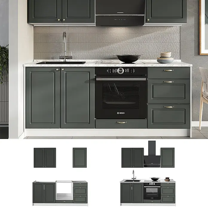 Vicco Singleküche - Breite: 190 cm, Grün-Gold Landhaus, Ohne AP - Dunkelgraue Modulküche mit Spüle, Backofen und Dunstabzugshaube, mit Unter- und Oberschränken und weißer Arbeitsplatte.