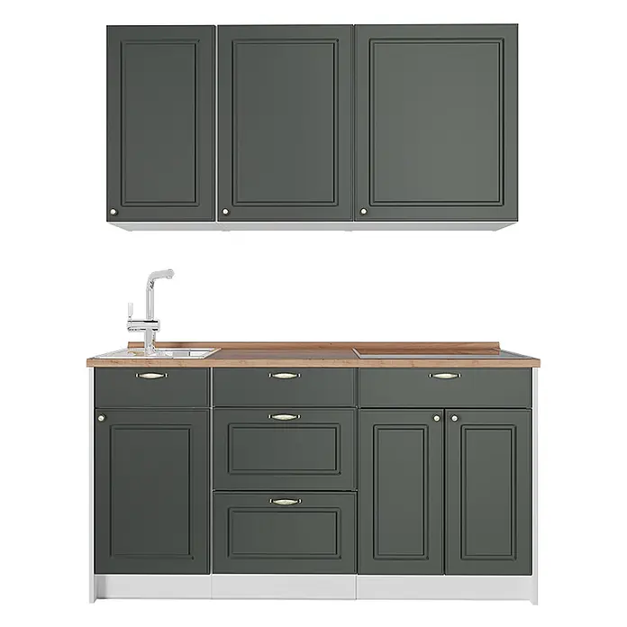 Vicco Singleküche - Breite: 150 cm, Grün-Gold Landhaus, Mit AP Eiche - Dunkelgraue Küchenzeile mit Holzplatte, Spüle und Kochfeld.