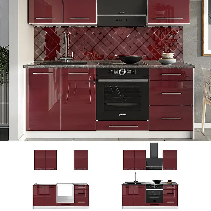 Vicco Singleküche - Bordeaux Hochglanz, Mit AP Eiche - Moderne Einbauküche in Hochglanz-Bordeauxrot mit integriertem Backofen, Kochfeld und Spüle.