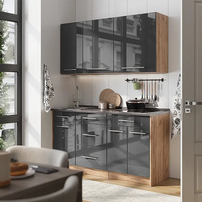 Vicco Singleküche - Breite: 150 cm, Anthrazit Hochglanz, Mit AP Eiche - Moderne Küchenzeile mit hochglänzenden grauen Fronten und Akzenten aus Naturholz, mit Spüle, Kochfeld und viel Stauraum.