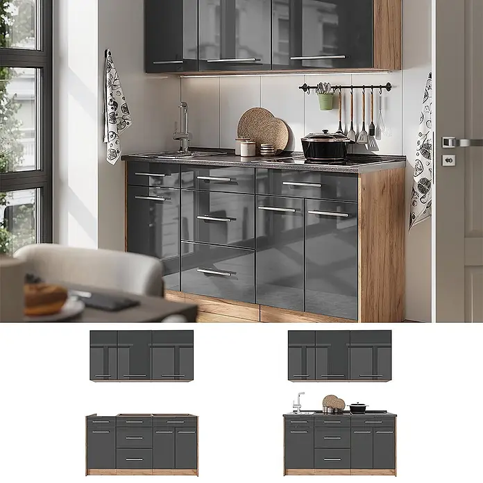 Vicco Singleküche - Breite: 150 cm, Anthrazit Hochglanz, Mit AP Eiche - Moderne Küchenzeile mit hochglänzenden dunkelgrauen Schränken, Holzdetails, Spüle und Kochfeld in einer zeitgemäßen Küche.