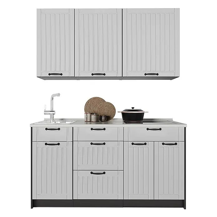 Vicco Singleküche - Breite: 150 cm, Weiß Landhaus, Ohne AP - Helles graues Küchenschrankset mit schwarzen Griffen, Oberschränken, Spüle und Herdplatte.