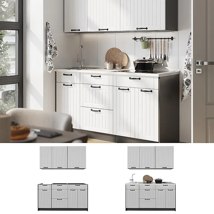 Vicco Singleküche - Breite: 150 cm, Weiß Landhaus, Ohne AP - Weiße Lamellenküchenschränke mit schwarzen Griffen, Ober- und Unterschränke, Spüle und Kochfeld in moderner Küche.
