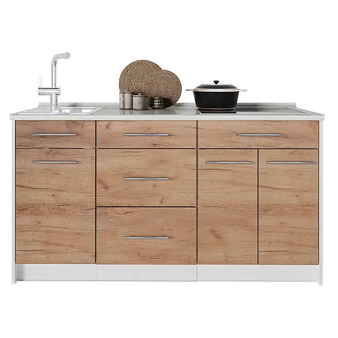 Vicco Küchenleerblock - Breite: 150 cm, Goldkraft Eiche - Kompakte Küchenzeile mit hellen Holzfronten, weißer Arbeitsplatte, integrierter Spüle, Wasserhahn und Kochfeld.