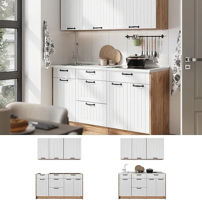 Vicco Singleküche - Weiß Landhaus, Mit AP Anthrazit - Weiße Latten-Küchenschränke mit Holzdetails, schwarzen Griffen, Spüle und Kochfeld in moderner Küche.