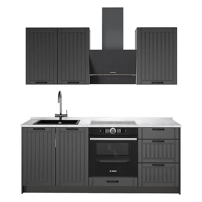 Vicco Singleküche - Breite: 190 cm, Dunkelgrau, Mit AP Marmor - Dunkelgraue Küchenzeile mit integrierter Spüle, Backofen, Kochfeld, Dunstabzugshaube, gerillten Schränken und Marmorarbeitsplatte.