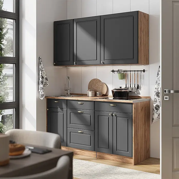 Vicco Singleküche - Anthrazit-Gold Landhaus, Mit AP Anthrazit - Dunkelgraue Küchenschränke mit Holzoptik-Arbeitsplatte und Seitenpaneelen, inklusive Spüle und Kochfeld.