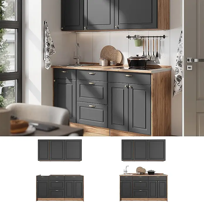 Vicco Singleküche - Anthrazit-Gold Landhaus, Mit AP Anthrazit - Dunkelgraues Küchenschrank-Set mit Holzoptik-Arbeitsplatte, Spüle und Kochfeld, in moderner Küche.