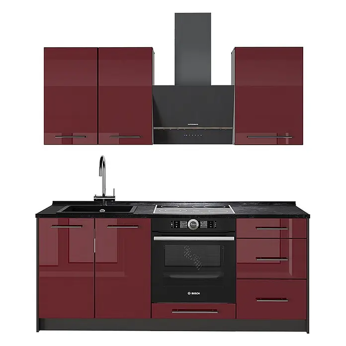 Vicco Singleküche - Bordeaux Hochglanz, Ohne AP - Moderne Küchenzeile mit glänzend dunkelroten Schränken, schwarzer Arbeitsplatte, integriertem Kochfeld, Backofen und Dunstabzugshaube.