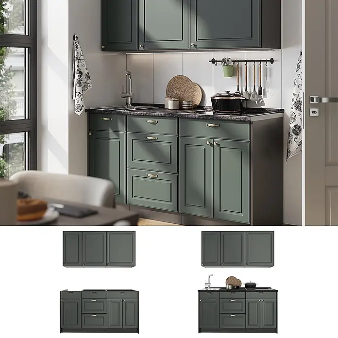 Vicco Singleküche - Breite: 150 cm, Grün-Gold Landhaus, Mit AP Anthrazit - Dunkelgrüne Küchenschränke mit Paneelen, Spüle und Kochfeld in einer modernen Küchenumgebung.