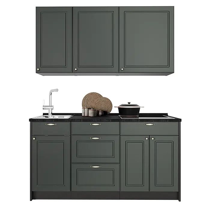 Vicco Singleküche - Breite: 150 cm, Grün-Gold Landhaus, Mit AP Marmor - Dunkelgraue Küchenzeile mit Oberschränken und Unterschrank mit gerahmten Türen, Schubladen, Spüle und Kochfeld.