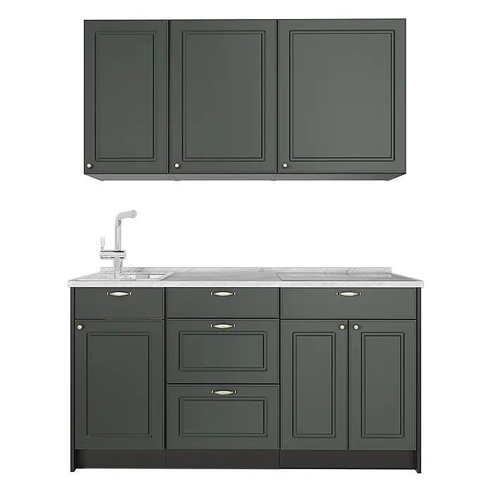 Vicco Singleküche - Breite: 150 cm, Grün-Gold Landhaus, Mit AP Marmor - Dunkelgraue Küchenschrankgarnitur mit weißer Arbeitsplatte, Spüle, silbernem Wasserhahn und goldfarbenen Griffen.