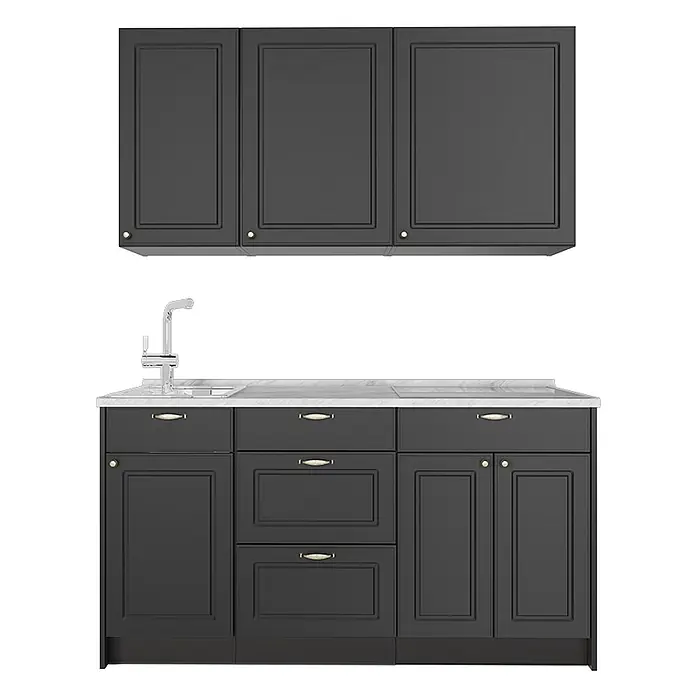 Vicco Singleküche - Breite: 150 cm, Anthrazit-Gold Landhaus, Mit AP Marmor - Dunkelgraue Küchenschrank-Set mit Ober- und Unterschränken, Marmor-Arbeitsplatte, Spüle, Herd und goldfarbenen Griffen.