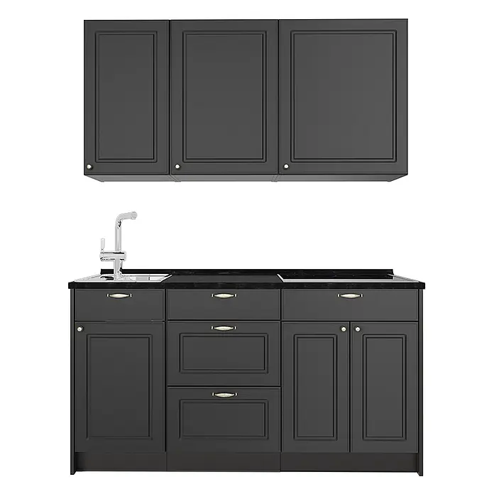 Vicco Singleküche - Breite: 150 cm, Anthrazit-Gold Landhaus, Mit AP Anthrazit - Dunkelgraue Küchenschrank-Garnitur mit schwarzer Arbeitsplatte, goldenen Griffen und silbernem Wasserhahn.