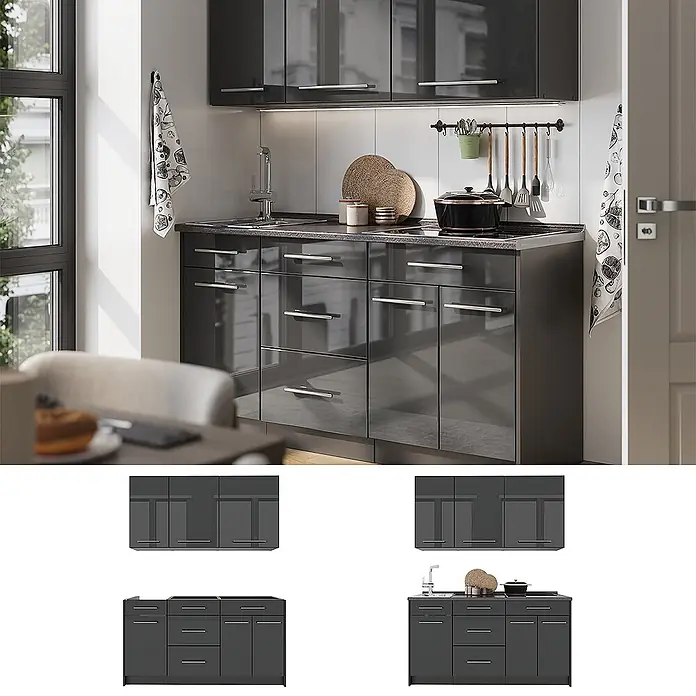 Vicco Singleküche - Breite: 150 cm, Anthrazit Hochglanz, Mit AP Marmor - Dunkelgraue, glänzende Küchenschränke mit Spüle und Kochfeld, in einer modernen Küche installiert.