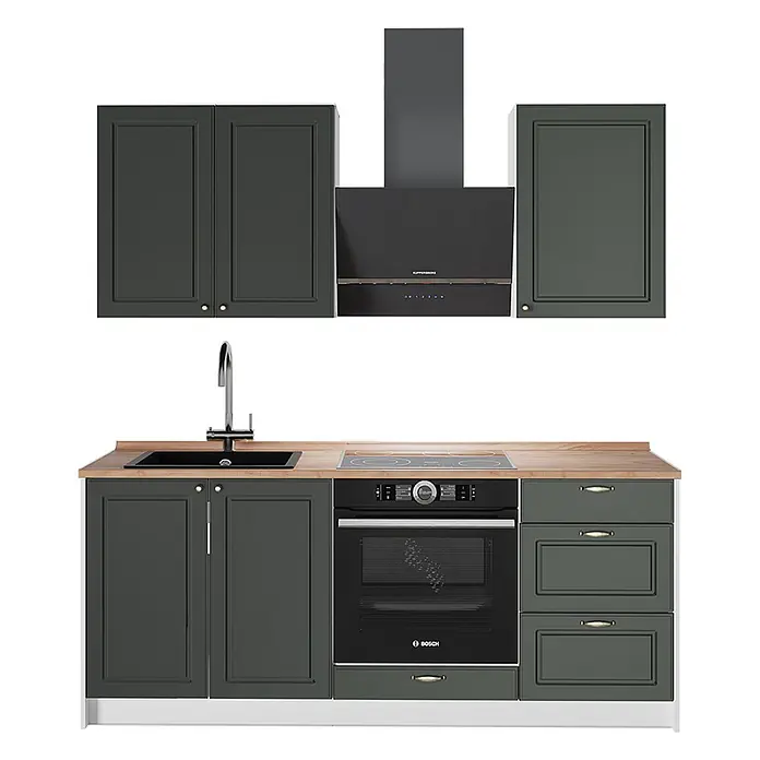 Vicco Singleküche - Breite: 190 cm, Grün-Gold Landhaus, Mit AP Eiche - Dunkelgrüne Küchenzeile mit Holzplatte, schwarzer Spüle, Backofen, Kochfeld und Dunstabzugshaube.