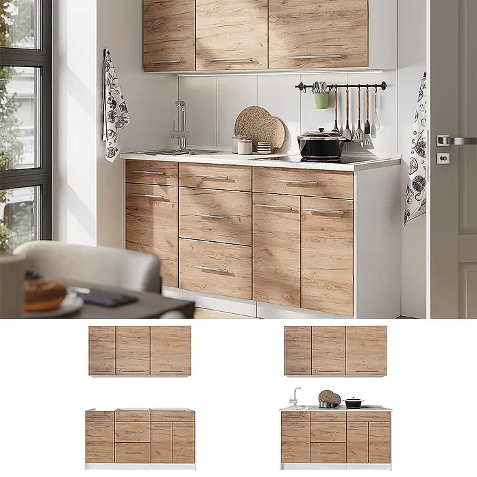 Vicco Singleküche - Breite: 150 cm, Goldkraft Eiche, Mit AP Eiche - Moderne Küchenzeile mit hellen Holzmaserungsschränken, weißen Arbeitsplatten, Spüle und Kochfeld. Oben- und Unterschränke enthalten.