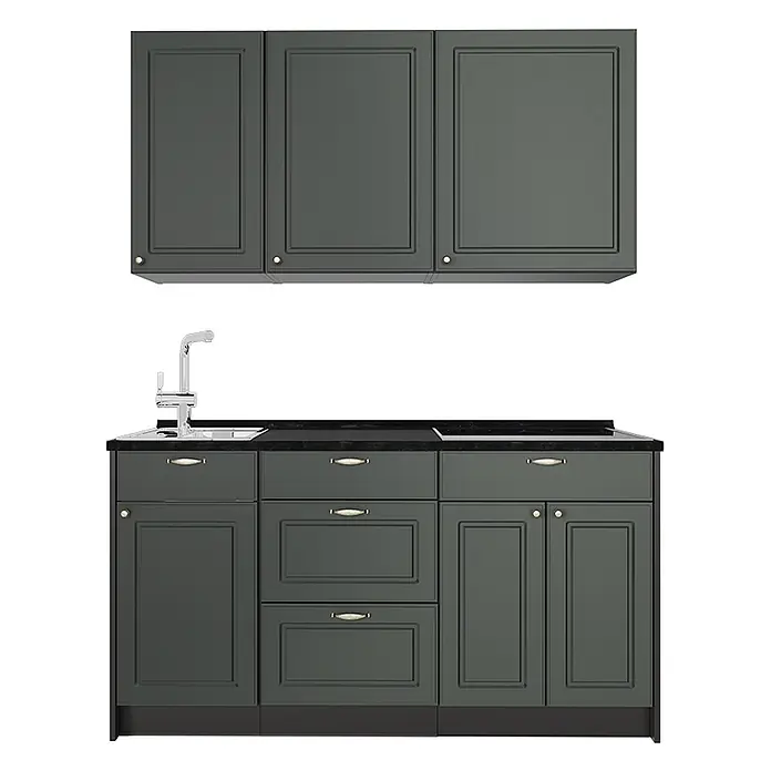 Vicco Singleküche - Breite: 150 cm, Grün-Gold Landhaus, Ohne AP - Dunkelgraue modulare Küchenschränke mit schwarzer Arbeitsplatte, Spüle und goldfarbenen Beschlägen.