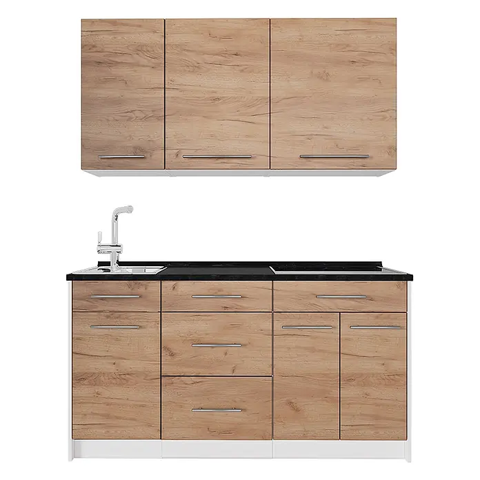 Vicco Singleküche - Goldkraft Eiche, Mit AP Anthrazit - Moderne Küchenzeile mit hellen Eiche-Look-Schränken, schwarzer Arbeitsplatte, Spüle und Kochfeld. Silberne Griffe, Schubladen und Türen.