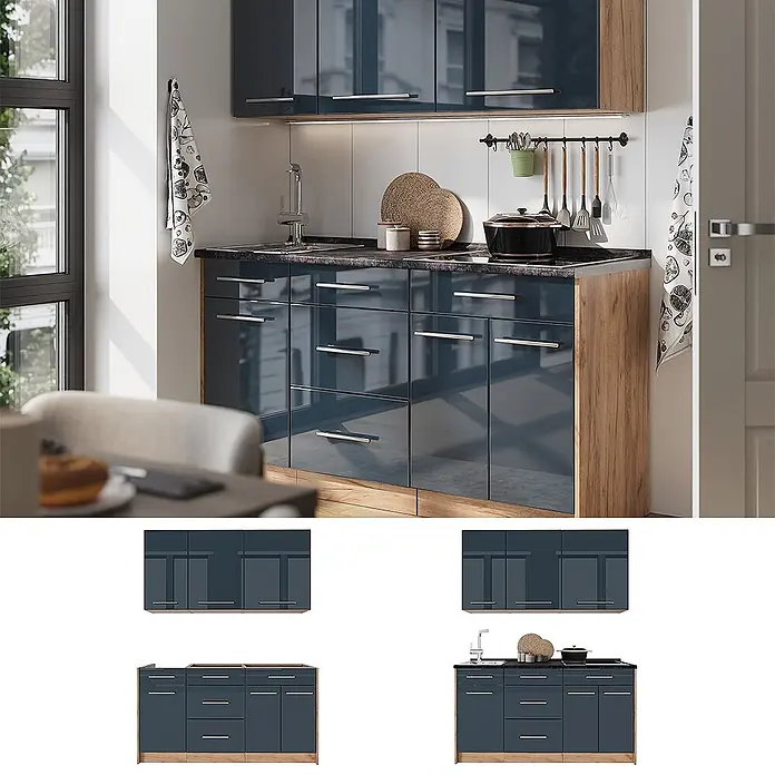 Vicco Singleküche - Dunkelblau Hochglanz, Mit AP Anthrazit - Moderne Küche mit glänzend blaugrauen Unter- und Oberschränken, Holz-Akzenten, Spüle und Kochfeld.
