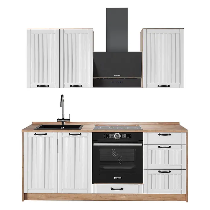 Vicco Singleküche - Breite: 190 cm, Weiß Landhaus, Mit AP Eiche - Weiße Paneelküchenzeile mit schwarzen Geräten, Holzarbeitsplatte und schwarzen Beschlägen.