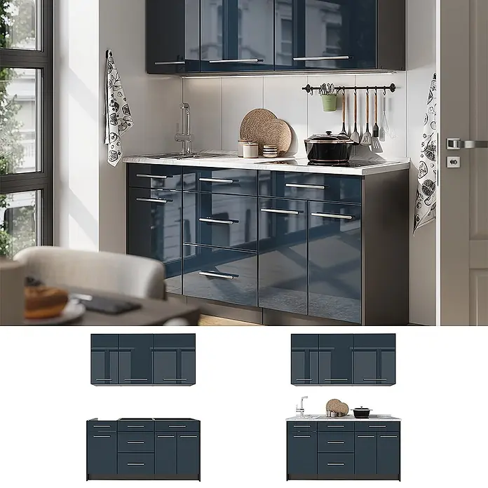 Vicco Singleküche - Breite: 150 cm, Dunkelblau Hochglanz, Mit AP Eiche - Glänzende blaue Küchenschränke in einer modernen Küche.