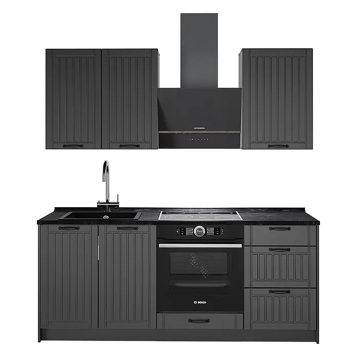 Vicco Singleküche - Breite: 190 cm, Dunkelgrau, Mit AP Anthrazit - Dunkelgraue modulare Küchenzeile mit geriffelten Schränken, Spüle, Kochfeld, Backofen und Dunstabzugshaube.