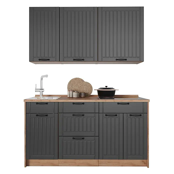 Vicco Singleküche - Breite: 150 cm, Dunkelgrau, Ohne AP - Dunkelgraue Küchenschränke mit Holzoptik-Arbeitsplatten und -Sockel, mit Lamellentüren und schwarzen Griffen, inklusive Spüle und Kochfeld.