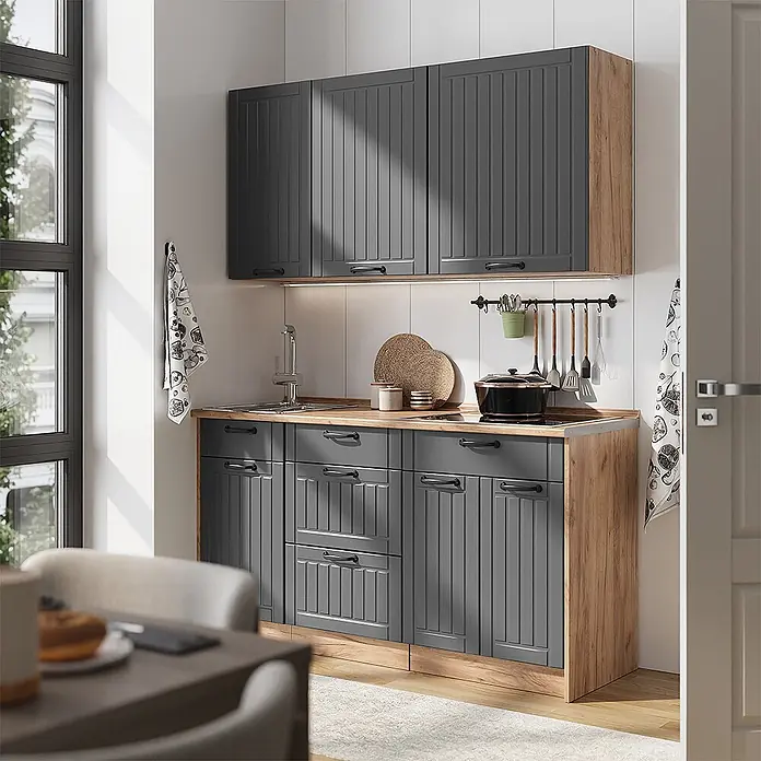 Vicco Singleküche - Breite: 150 cm, Dunkelgrau, Ohne AP - Dunkelgraue Küchenschrank-Garnitur mit holzfarbenen Arbeitsplatten und Seitenwänden, mit Spüle und Kochfeld, in moderner Küche.