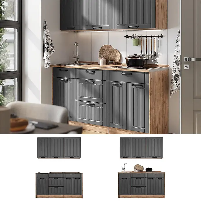 Vicco Singleküche - Breite: 150 cm, Dunkelgrau, Ohne AP - Moderne Küchenzeile mit dunkelgrauen Rillenfronten, schwarzen Griffen und heller Holzoptik-Arbeitsplatte und Seitenpaneelen.