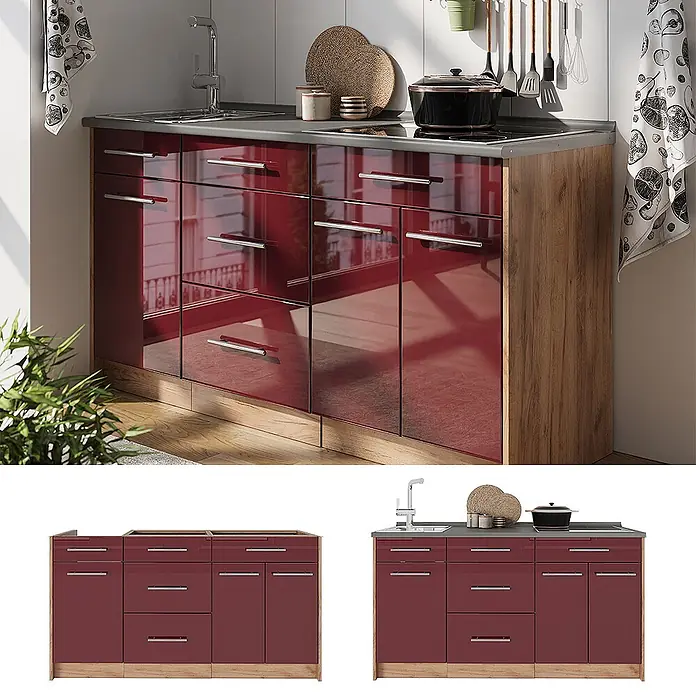 Vicco Küchenleerblock - Breite: 150 cm, Bordeaux Hochglanz - Rote Hochglanz-Küchenzeile mit Spüle und Kochfeld, ergänzt durch Holzwangen und Sockelleiste.