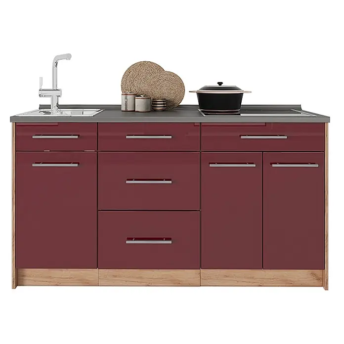 Vicco Küchenleerblock - Breite: 150 cm, Bordeaux Hochglanz - Dunkelroter Küchenblock mit Spüle, Kochfeld, grauer Arbeitsplatte und Holzsockel.